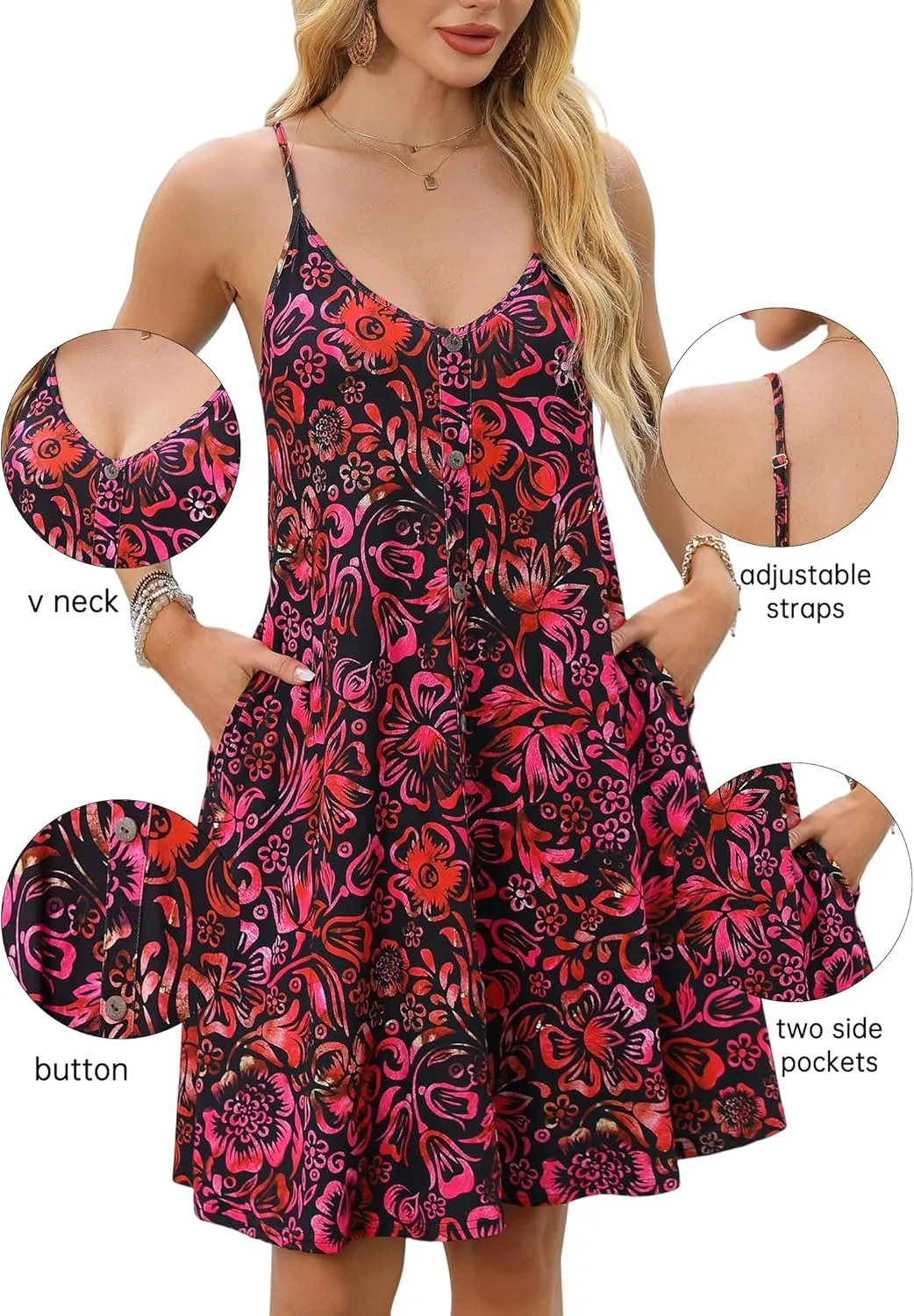 ENMAIN Womens Summer Spaghetti Strap Sun Sleeveless Button Down Causal Beach Vacation Cover Ups Dress with Pocket 2025