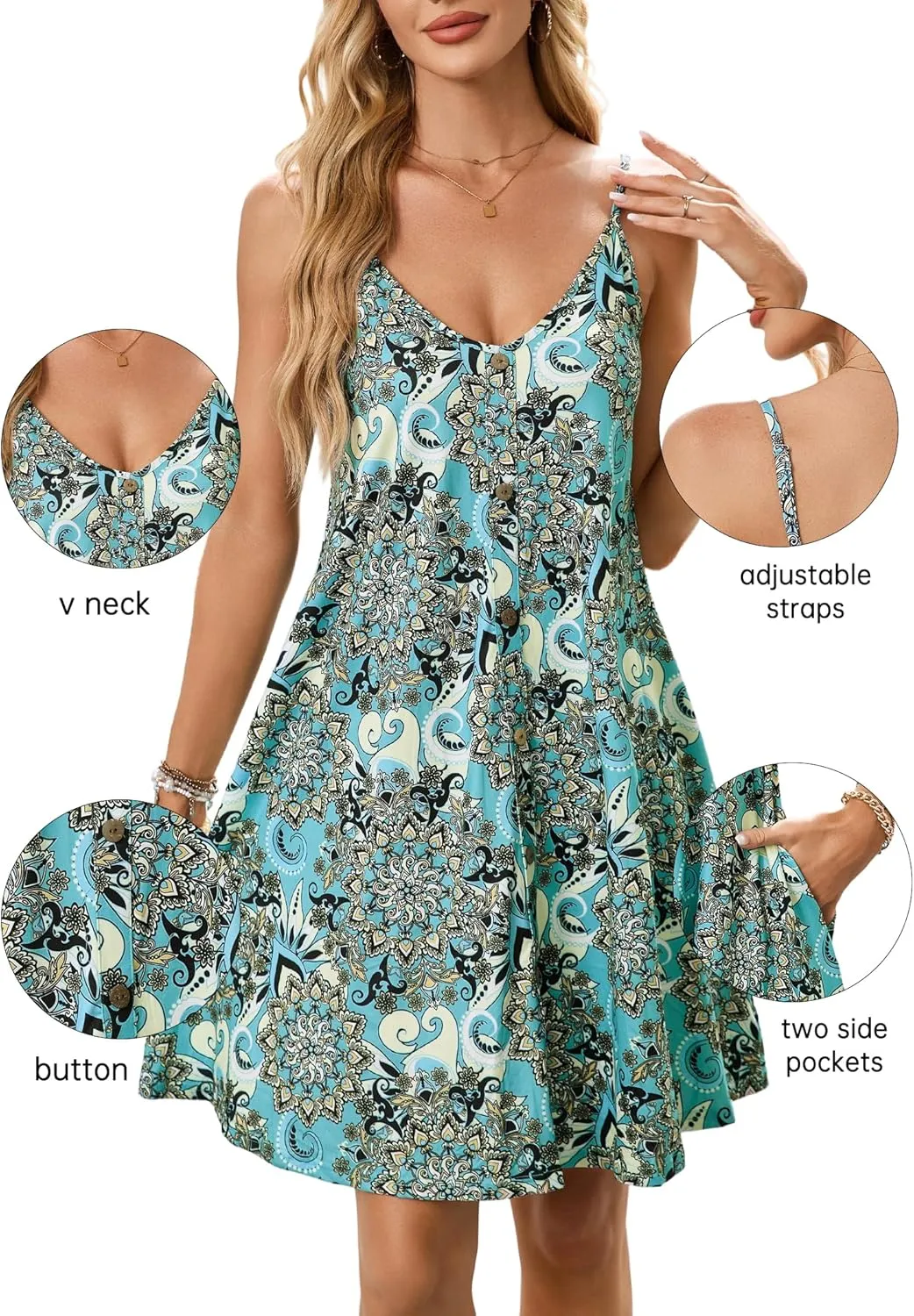 ENMAIN Womens Summer Spaghetti Strap Sun Sleeveless Button Down Causal Beach Vacation Cover Ups Dress with Pocket 2025