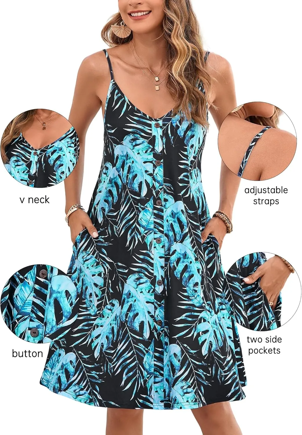 ENMAIN Womens Summer Spaghetti Strap Sun Sleeveless Button Down Causal Beach Vacation Cover Ups Dress with Pocket 2025