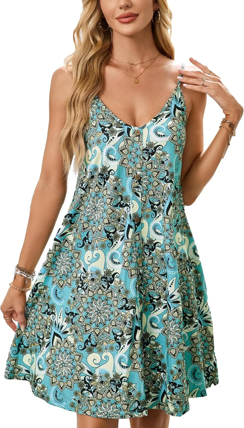 ENMAIN Womens Summer Spaghetti Strap Sun Sleeveless Button Down Causal Beach Vacation Cover Ups Dress with Pocket 2025