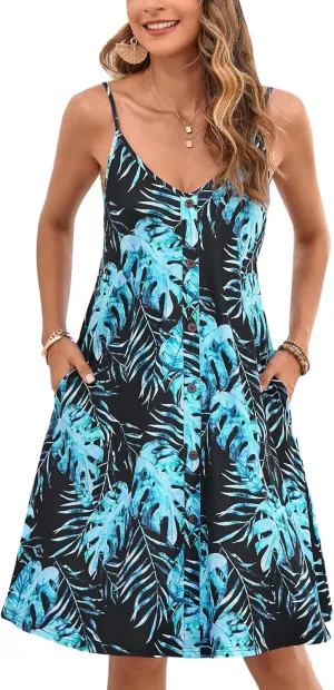 ENMAIN Womens Summer Spaghetti Strap Sun Sleeveless Button Down Causal Beach Vacation Cover Ups Dress with Pocket 2025
