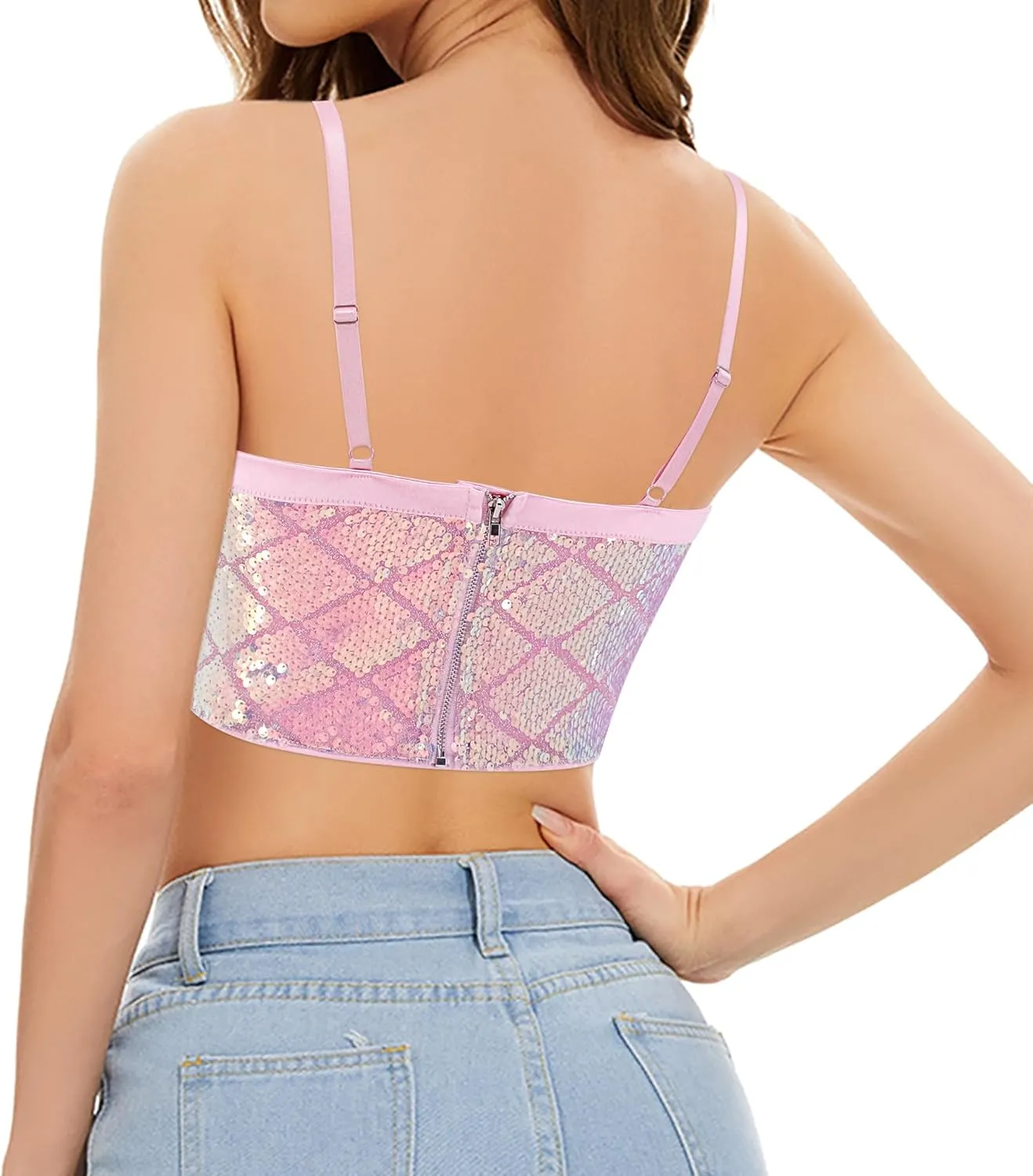Erinaco Women Glitter Sequin Crop Top Sparkly Mermaid Tank Tube Tops Silky Satin V-Neck Spaghetti Strap Camisole