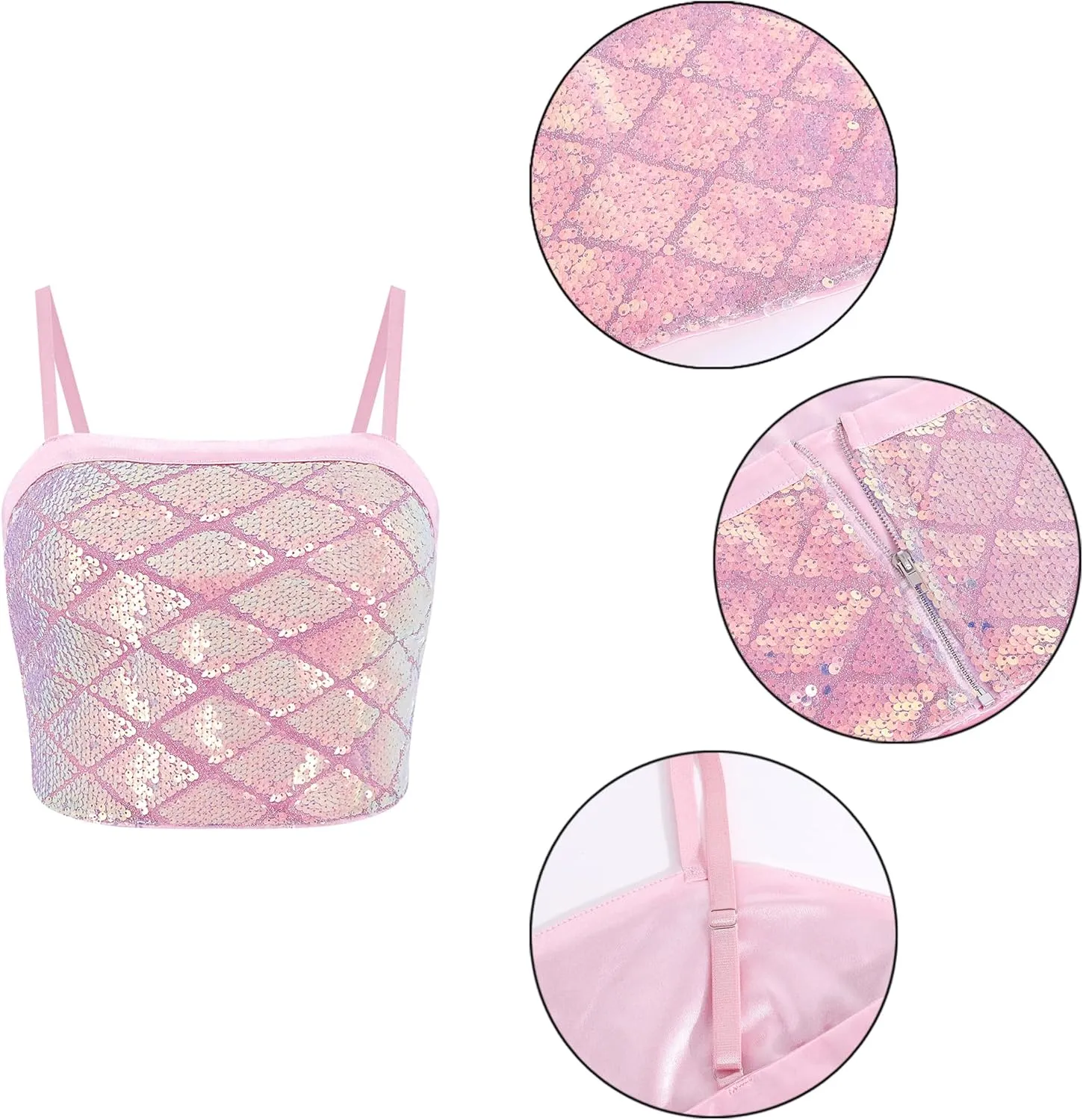 Erinaco Women Glitter Sequin Crop Top Sparkly Mermaid Tank Tube Tops Silky Satin V-Neck Spaghetti Strap Camisole