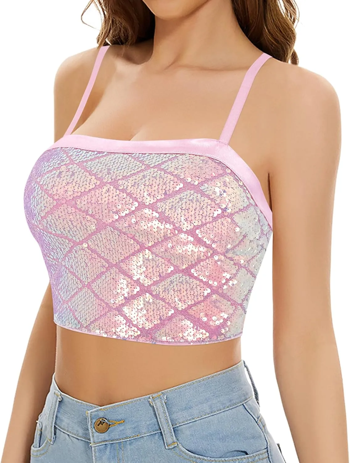 Erinaco Women Glitter Sequin Crop Top Sparkly Mermaid Tank Tube Tops Silky Satin V-Neck Spaghetti Strap Camisole