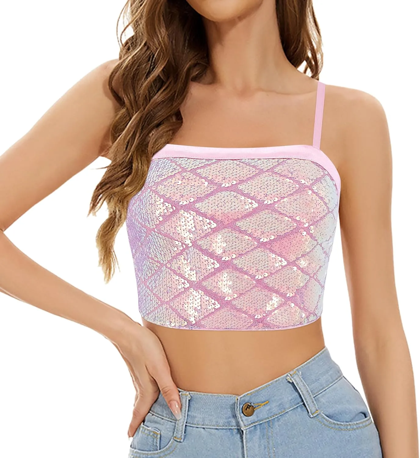 Erinaco Women Glitter Sequin Crop Top Sparkly Mermaid Tank Tube Tops Silky Satin V-Neck Spaghetti Strap Camisole