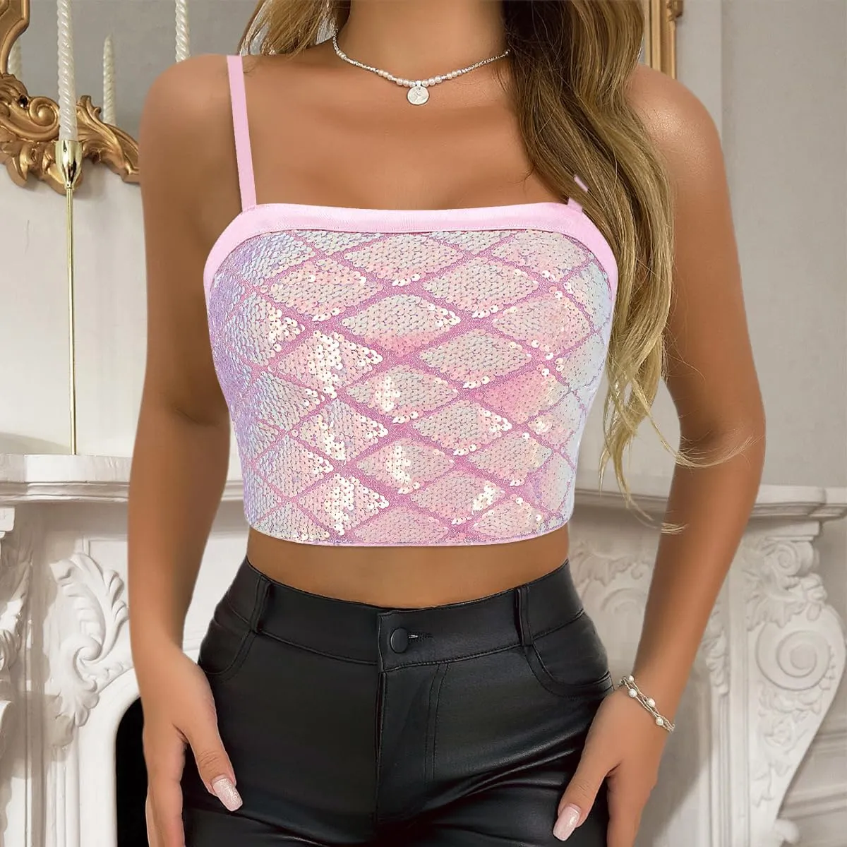 Erinaco Women Glitter Sequin Crop Top Sparkly Mermaid Tank Tube Tops Silky Satin V-Neck Spaghetti Strap Camisole