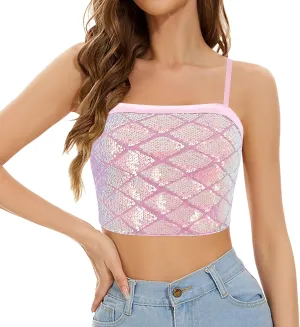 Erinaco Women Glitter Sequin Crop Top Sparkly Mermaid Tank Tube Tops Silky Satin V-Neck Spaghetti Strap Camisole