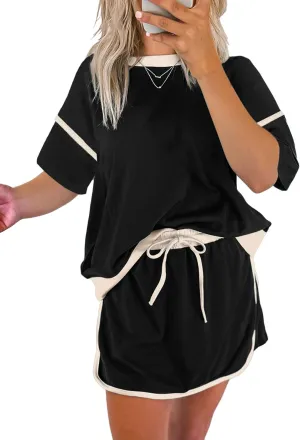 EVALESS Women's 2 Piece Sets Summer Casual Short Sleeve Tops Matching Drawstring Mini Skirt Going Out Lounge Outfits