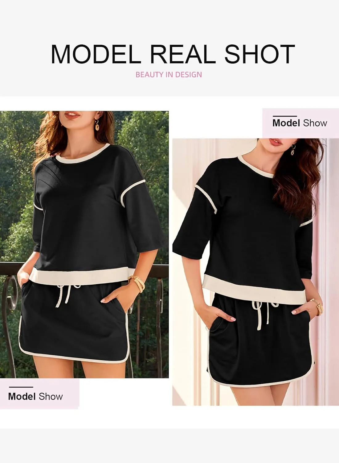 EVALESS Women's 2 Piece Sets Summer Casual Short Sleeve Tops Matching Drawstring Mini Skirt Going Out Lounge Outfits