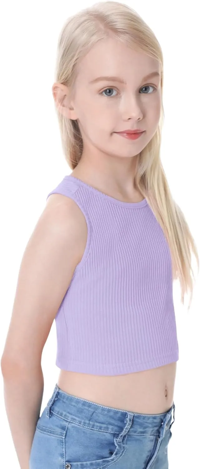 EXARUS Girl's Crop Tank Tops Dance Ribbed Knit Sleeveless Round Neck Racerback Casual Cute Cropped Top 6-12Y