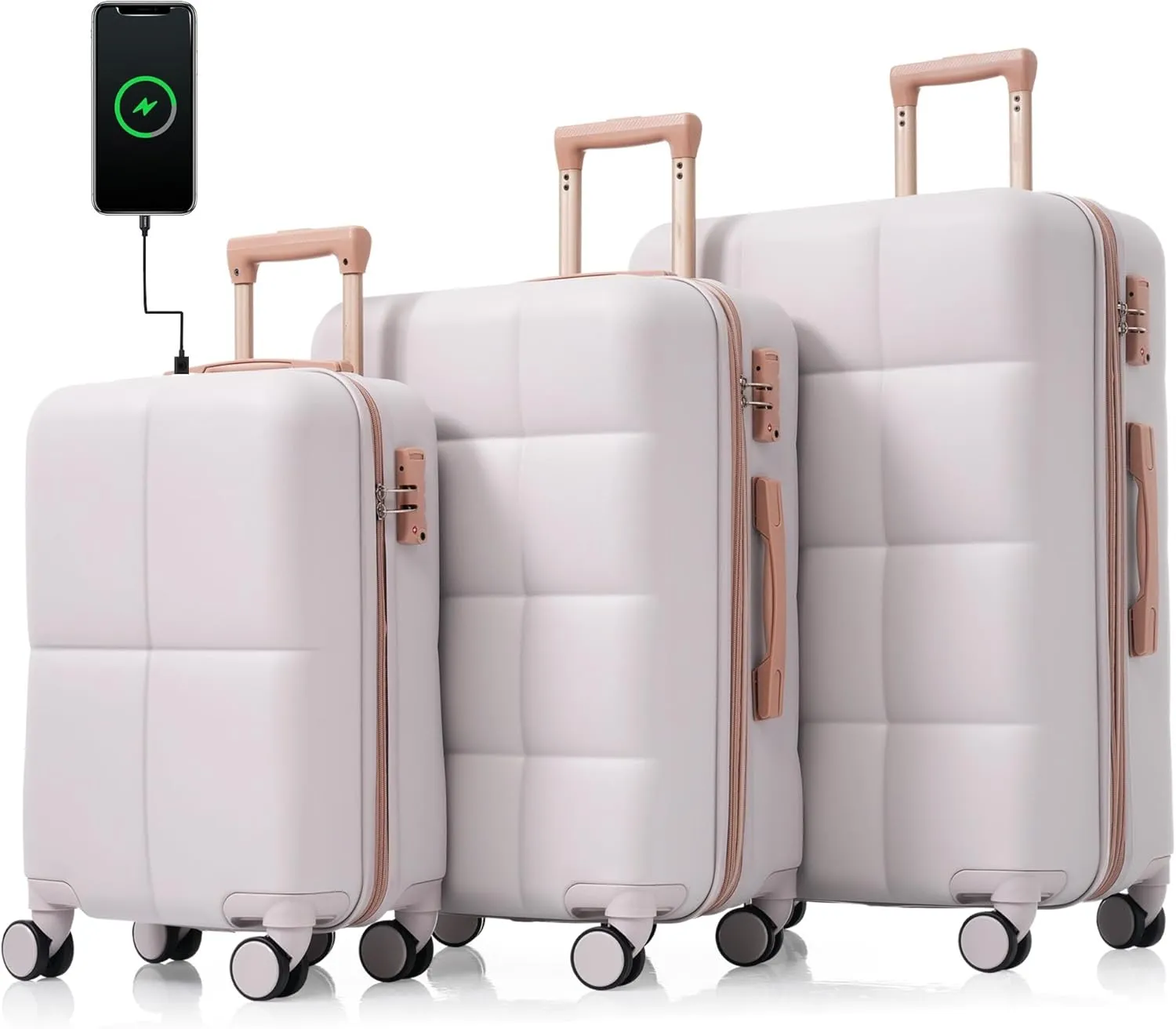 Expandable Luggage Set of 3, Carry-on Suitcase with TSA Lock, USB Port, Cup Holder and Spinner Wheel, Light Grey, (20/24/28) Inch