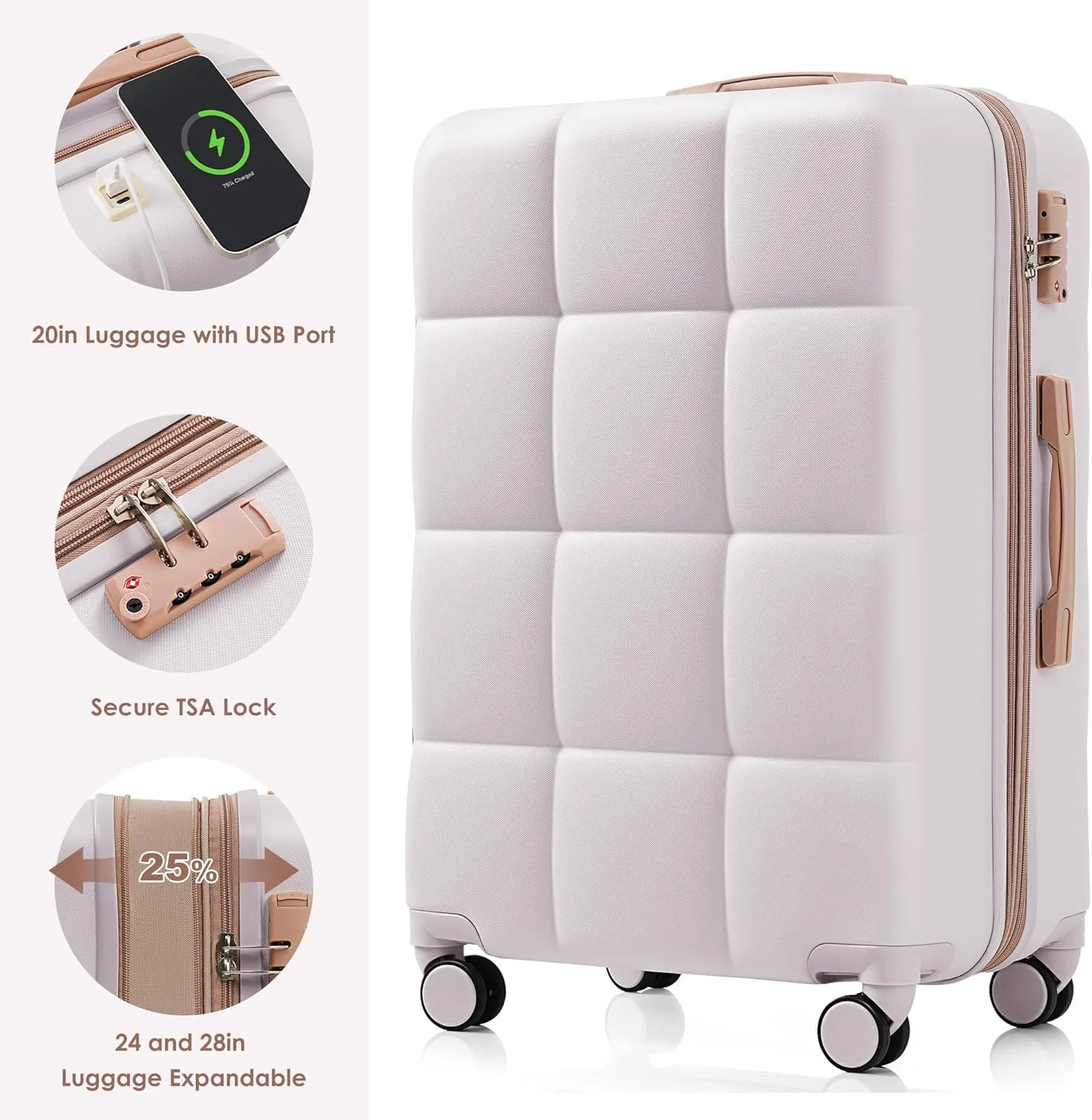 Expandable Luggage Set of 3, Carry-on Suitcase with TSA Lock, USB Port, Cup Holder and Spinner Wheel, Light Grey, (20/24/28) Inch