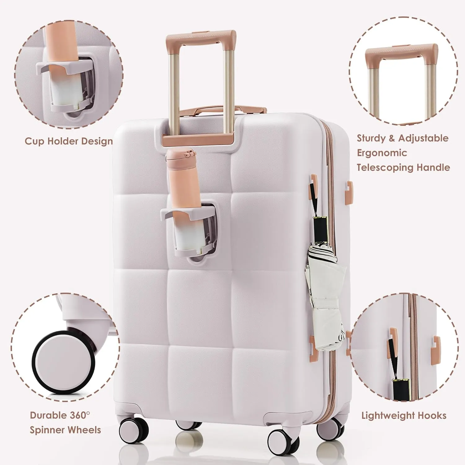 Expandable Luggage Set of 3, Carry-on Suitcase with TSA Lock, USB Port, Cup Holder and Spinner Wheel, Light Grey, (20/24/28) Inch