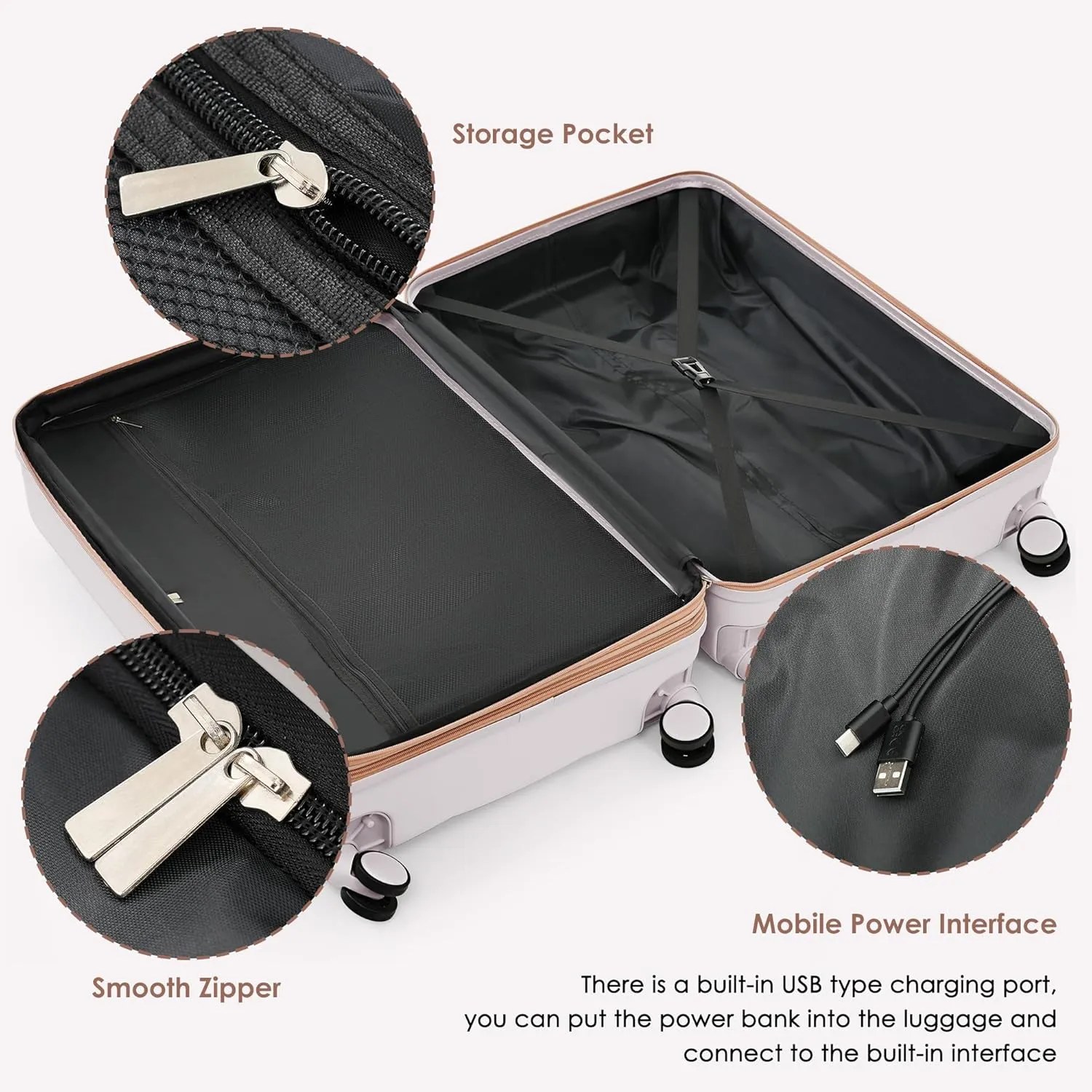 Expandable Luggage Set of 3, Carry-on Suitcase with TSA Lock, USB Port, Cup Holder and Spinner Wheel, Light Grey, (20/24/28) Inch