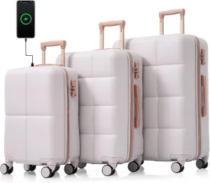 Expandable Luggage Set of 3, Carry-on Suitcase with TSA Lock, USB Port, Cup Holder and Spinner Wheel, Light Grey, (20/24/28) Inch