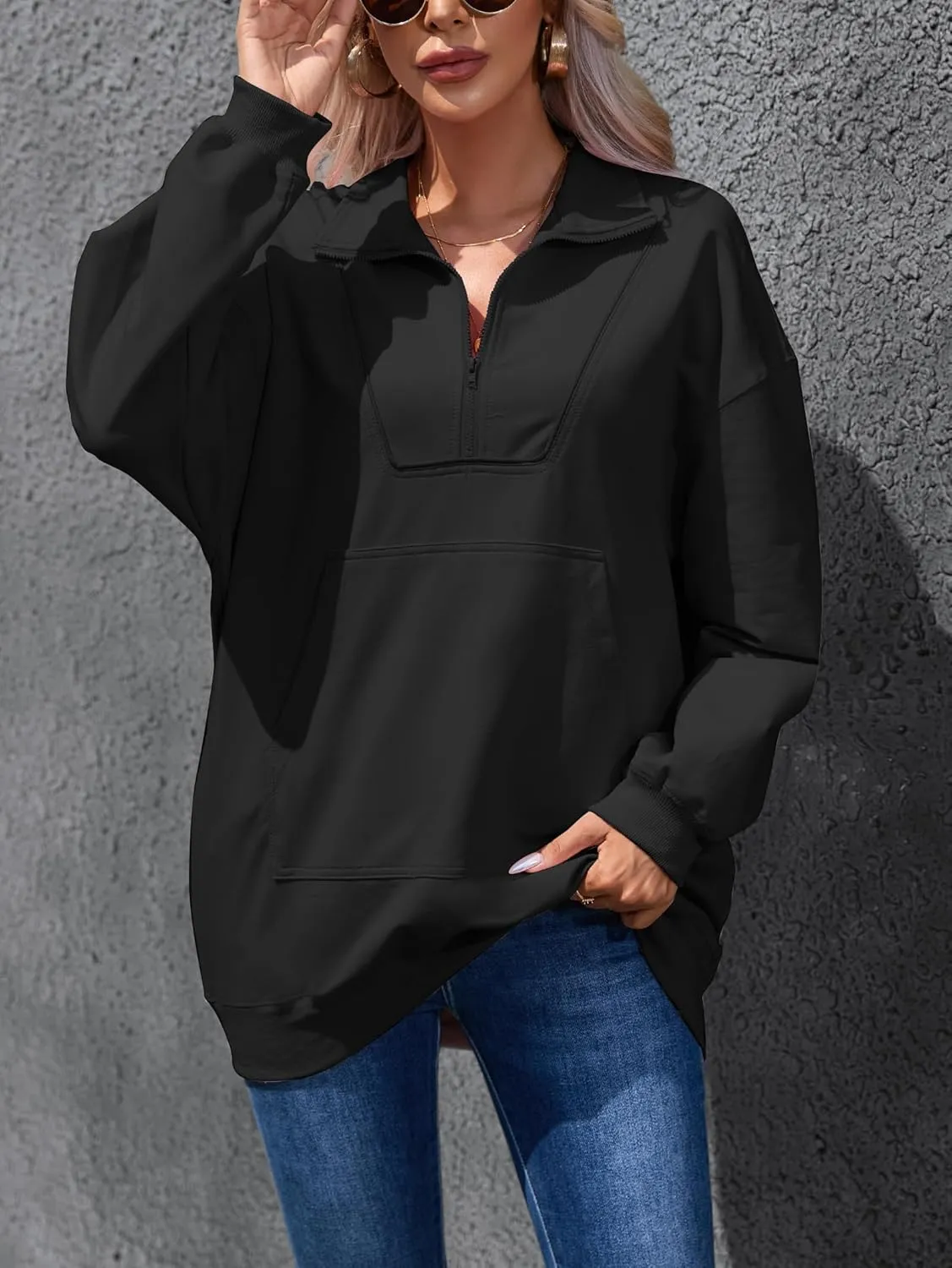 Famulily Cute Half Zipper Lapel Collar Pullover Tops Casual Drop Shoulder Contrast Color Line Sweatshirt with Kangaroo Pocket