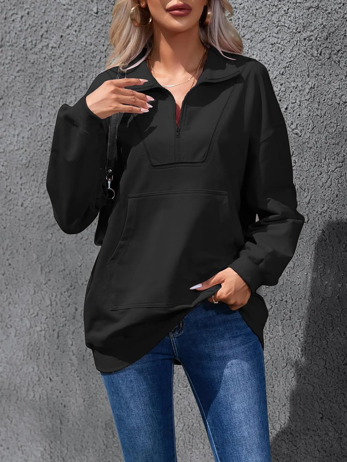 Famulily Cute Half Zipper Lapel Collar Pullover Tops Casual Drop Shoulder Contrast Color Line Sweatshirt with Kangaroo Pocket