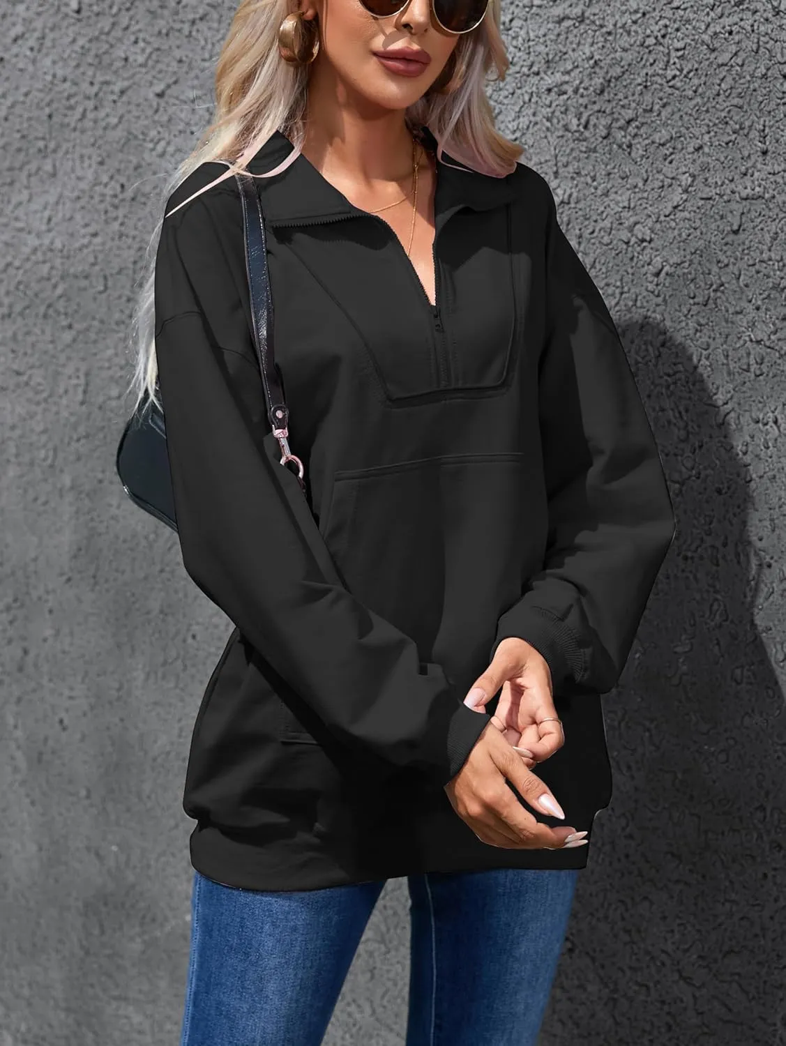 Famulily Cute Half Zipper Lapel Collar Pullover Tops Casual Drop Shoulder Contrast Color Line Sweatshirt with Kangaroo Pocket