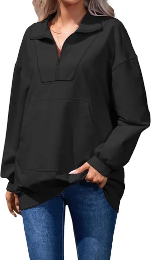 Famulily Cute Half Zipper Lapel Collar Pullover Tops Casual Drop Shoulder Contrast Color Line Sweatshirt with Kangaroo Pocket