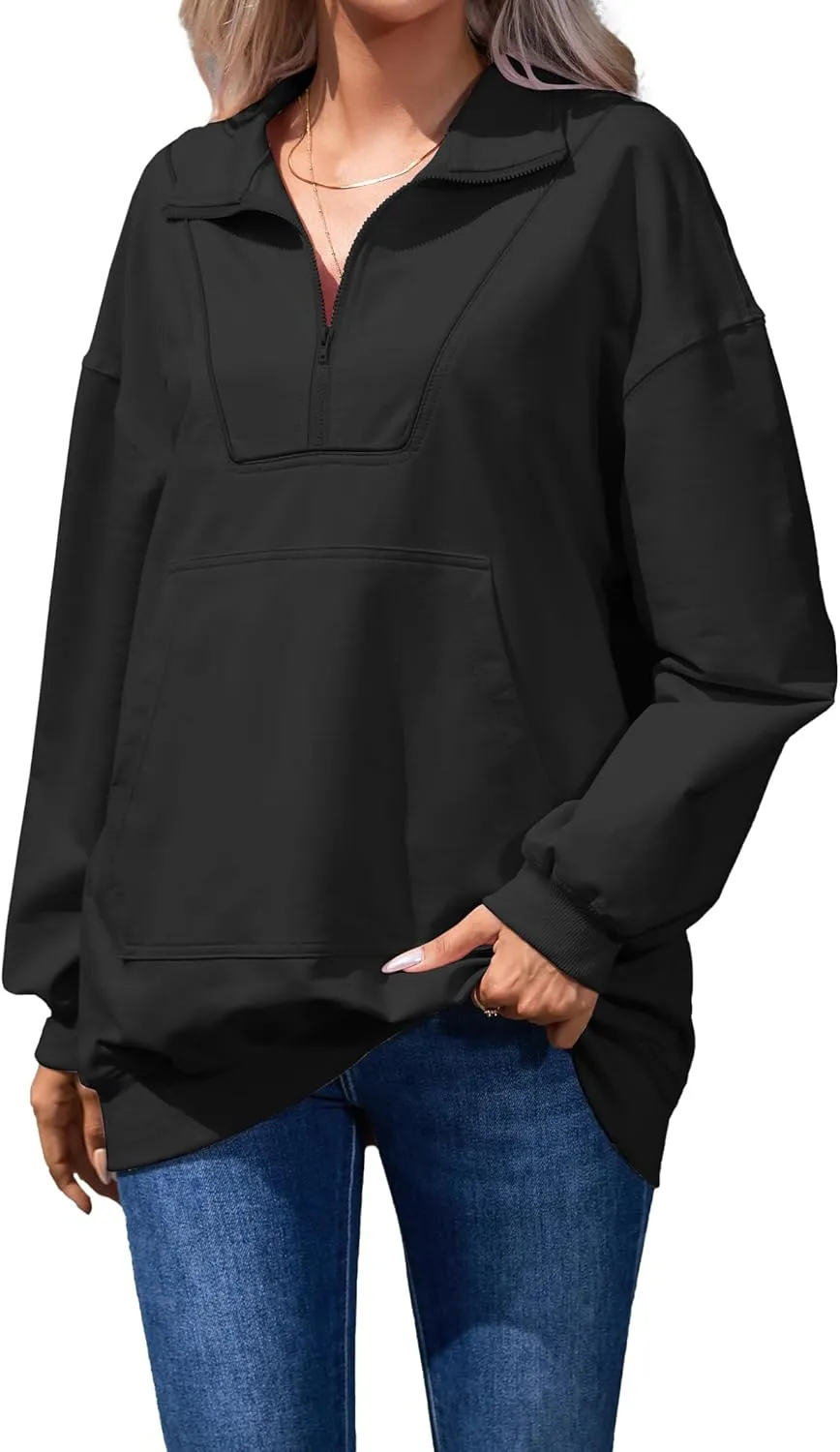 Famulily Cute Half Zipper Lapel Collar Pullover Tops Casual Drop Shoulder Contrast Color Line Sweatshirt with Kangaroo Pocket