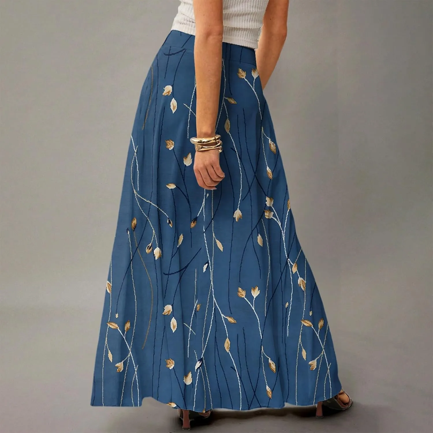 fanmpghleoo Spring Skirts for Women 2025 Boho Elastic High Waisted Maxi Skirt with Pockets Flowy Beach Vacation Long Skirt