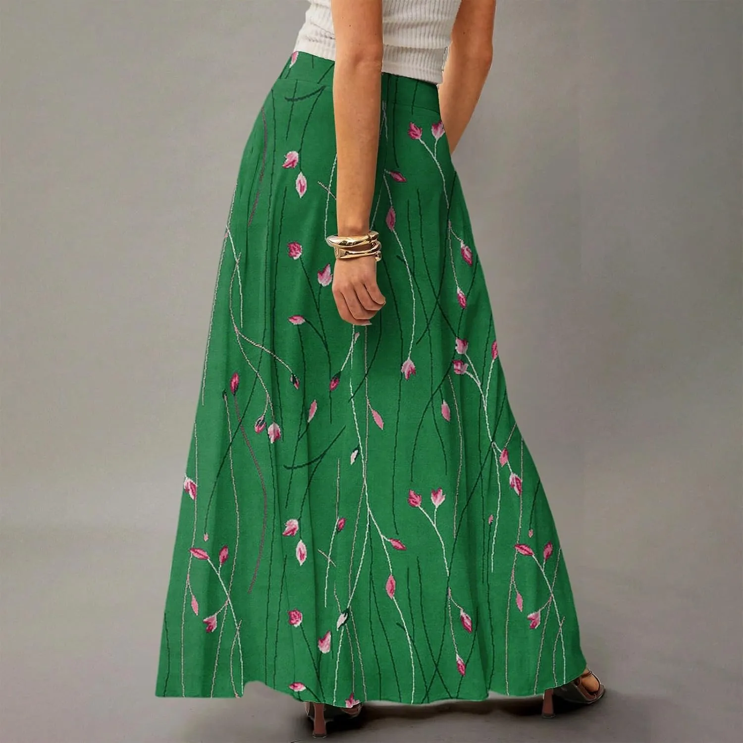 fanmpghleoo Spring Skirts for Women 2025 Boho Elastic High Waisted Maxi Skirt with Pockets Flowy Beach Vacation Long Skirt