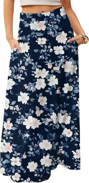 fanmpghleoo Spring Skirts for Women 2025 Boho Elastic High Waisted Maxi Skirt with Pockets Flowy Beach Vacation Long Skirt