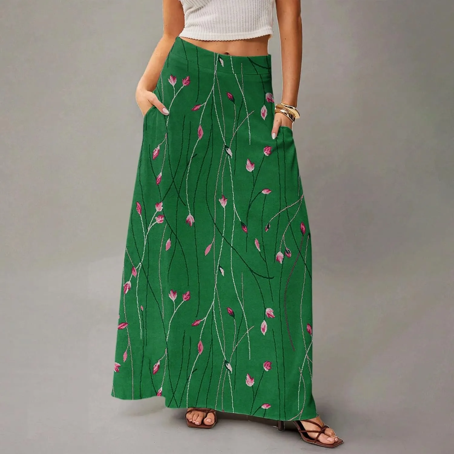 fanmpghleoo Spring Skirts for Women 2025 Boho Elastic High Waisted Maxi Skirt with Pockets Flowy Beach Vacation Long Skirt