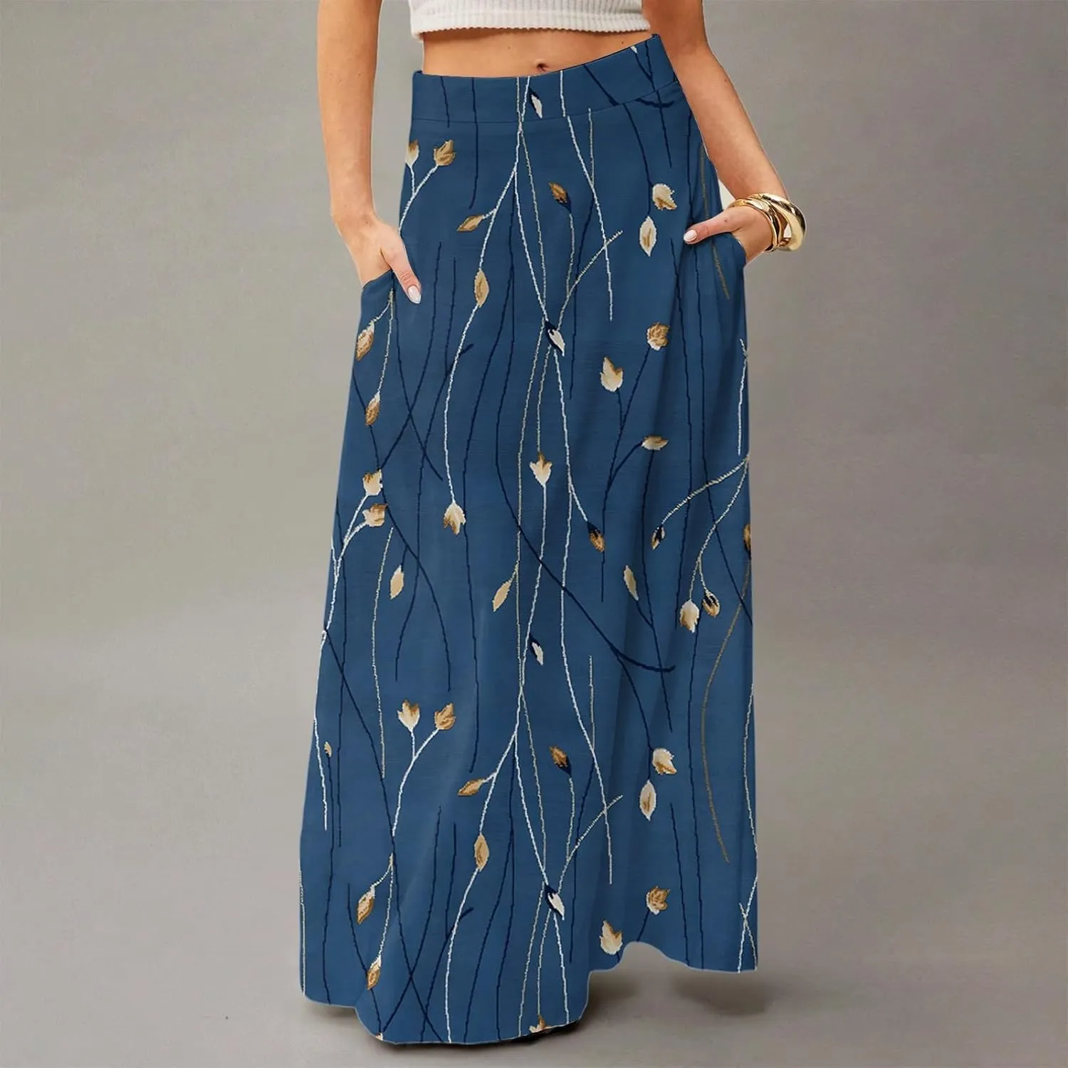 fanmpghleoo Spring Skirts for Women 2025 Boho Elastic High Waisted Maxi Skirt with Pockets Flowy Beach Vacation Long Skirt