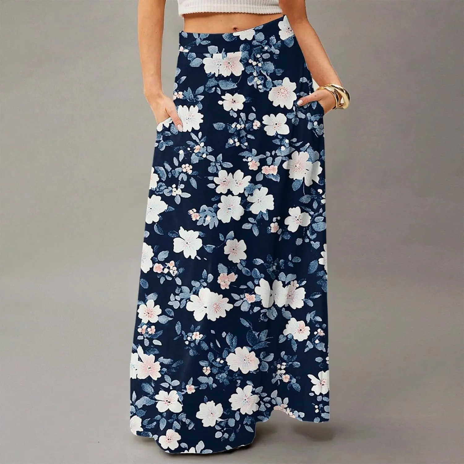 fanmpghleoo Spring Skirts for Women 2025 Boho Elastic High Waisted Maxi Skirt with Pockets Flowy Beach Vacation Long Skirt