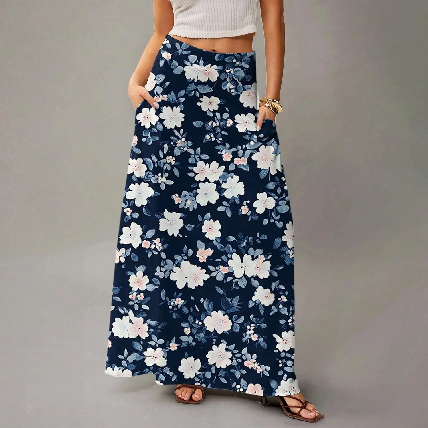 fanmpghleoo Spring Skirts for Women 2025 Boho Elastic High Waisted Maxi Skirt with Pockets Flowy Beach Vacation Long Skirt
