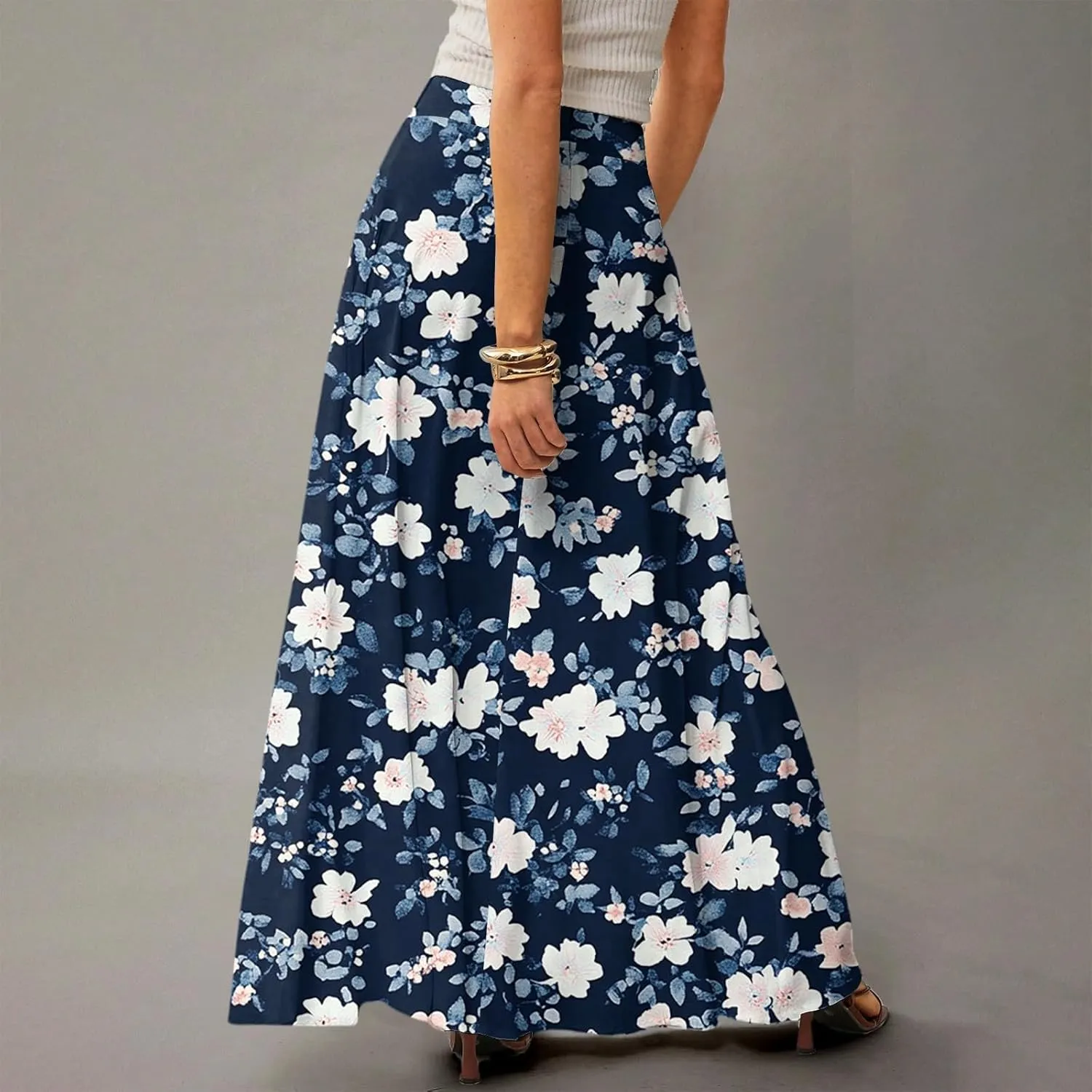 fanmpghleoo Spring Skirts for Women 2025 Boho Elastic High Waisted Maxi Skirt with Pockets Flowy Beach Vacation Long Skirt