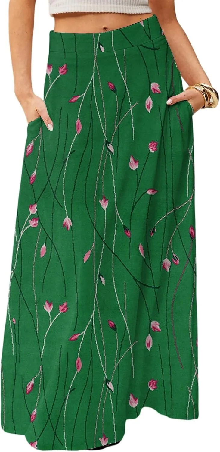 fanmpghleoo Spring Skirts for Women 2025 Boho Elastic High Waisted Maxi Skirt with Pockets Flowy Beach Vacation Long Skirt