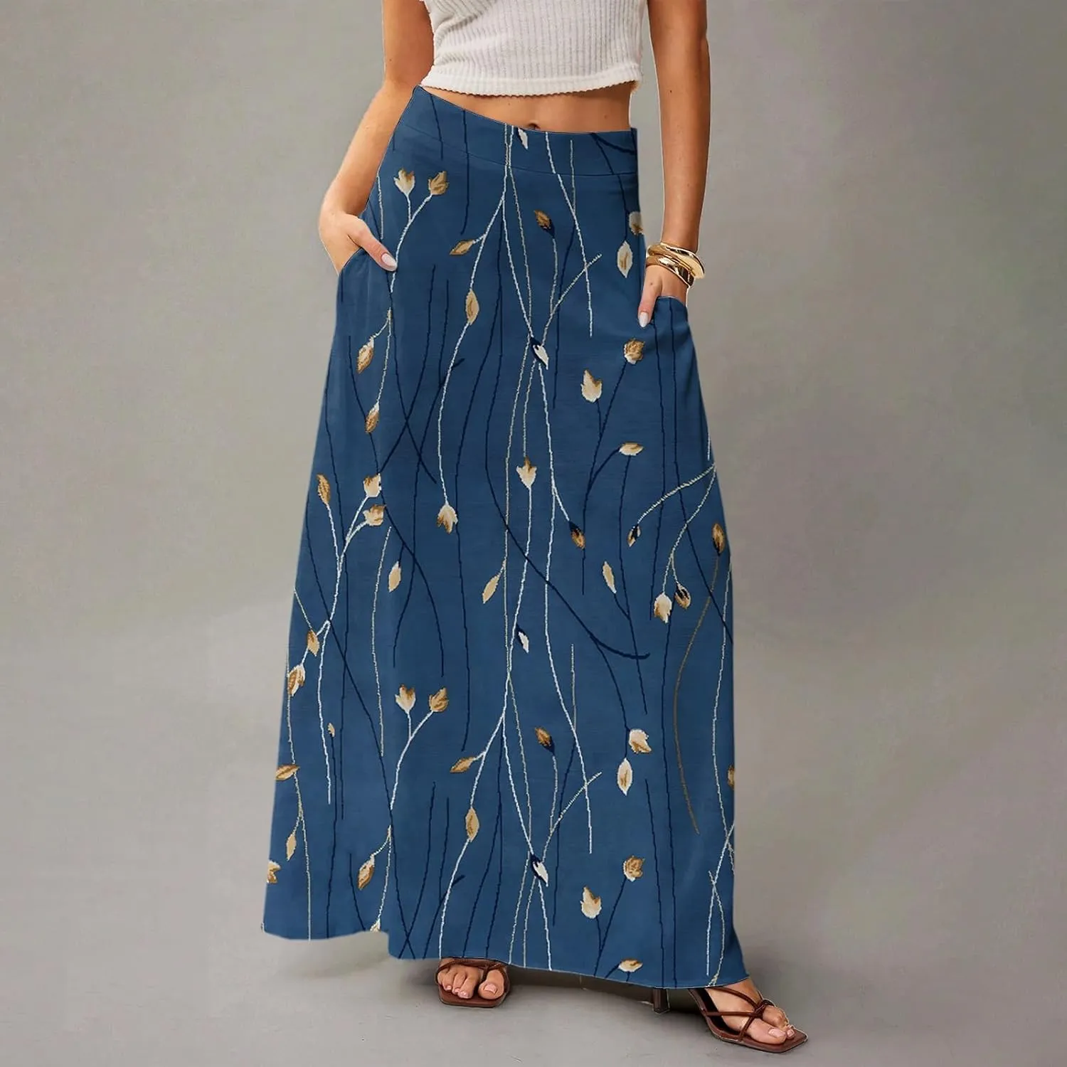 fanmpghleoo Spring Skirts for Women 2025 Boho Elastic High Waisted Maxi Skirt with Pockets Flowy Beach Vacation Long Skirt