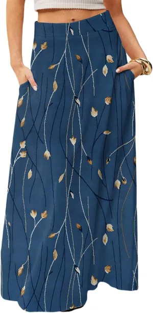 fanmpghleoo Spring Skirts for Women 2025 Boho Elastic High Waisted Maxi Skirt with Pockets Flowy Beach Vacation Long Skirt