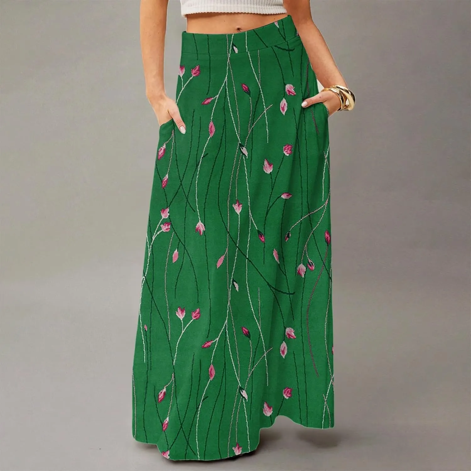 fanmpghleoo Spring Skirts for Women 2025 Boho Elastic High Waisted Maxi Skirt with Pockets Flowy Beach Vacation Long Skirt