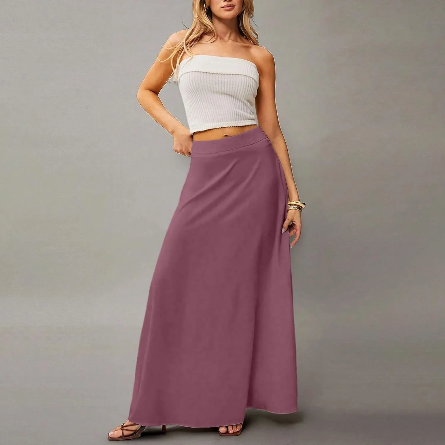 fanmpghleoo Summer Skirts for Women 2025 Boho Elastic High Waisted Maxi Skirt Flowy Vacation Beach Long Skirt with Pockets