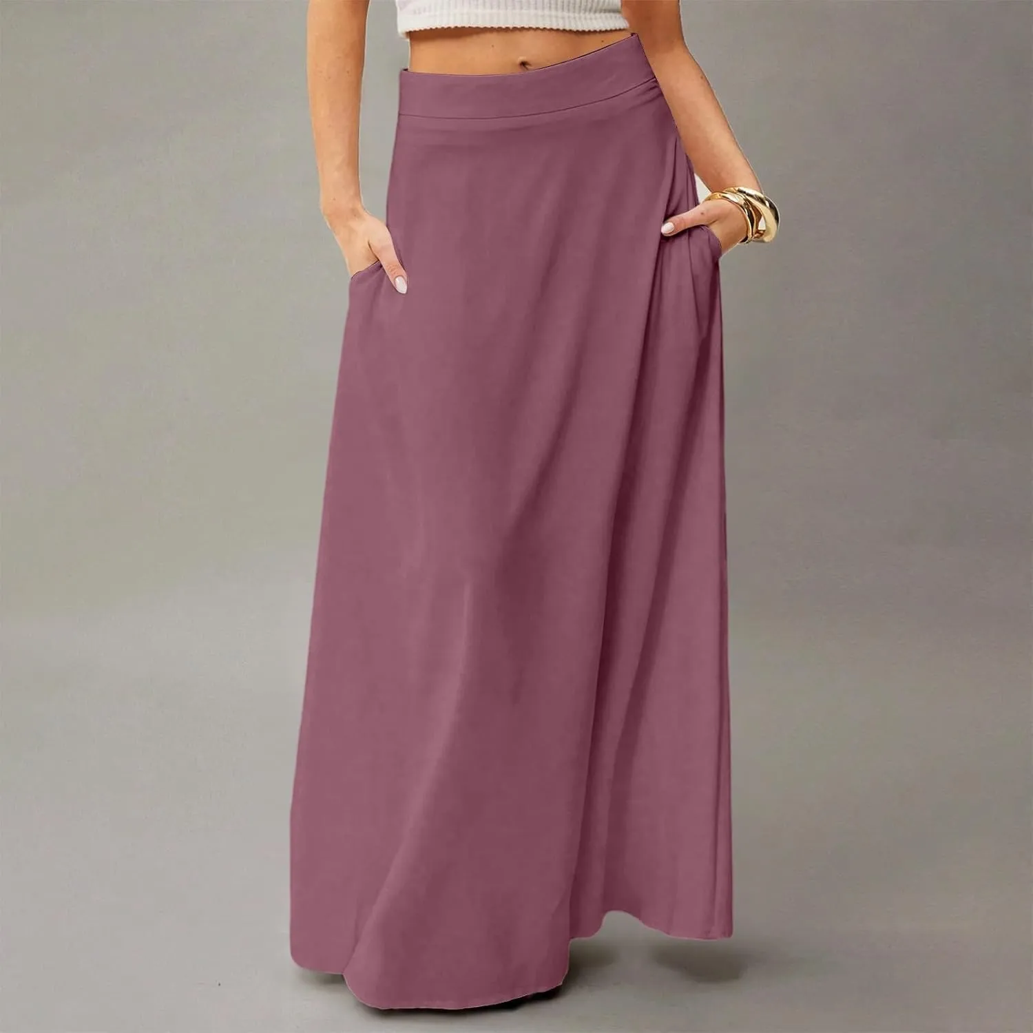 fanmpghleoo Summer Skirts for Women 2025 Boho Elastic High Waisted Maxi Skirt Flowy Vacation Beach Long Skirt with Pockets