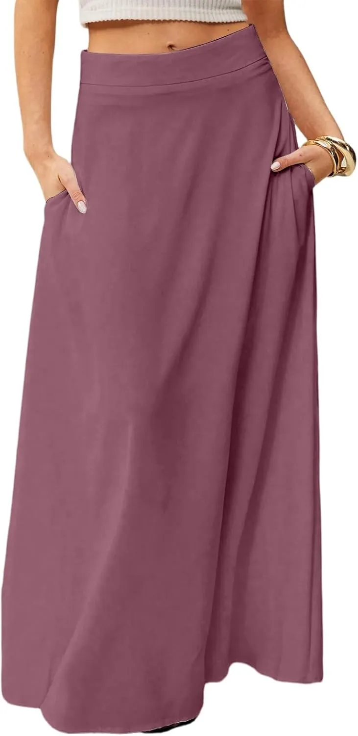 fanmpghleoo Summer Skirts for Women 2025 Boho Elastic High Waisted Maxi Skirt Flowy Vacation Beach Long Skirt with Pockets