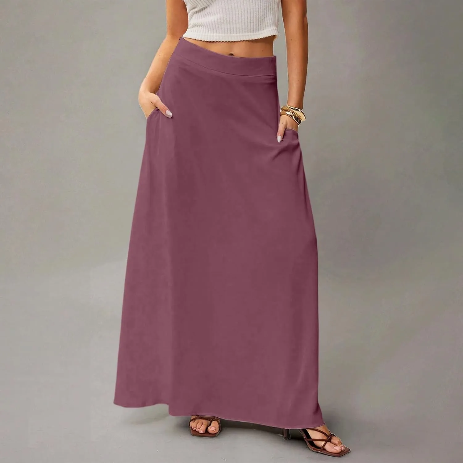 fanmpghleoo Summer Skirts for Women 2025 Boho Elastic High Waisted Maxi Skirt Flowy Vacation Beach Long Skirt with Pockets