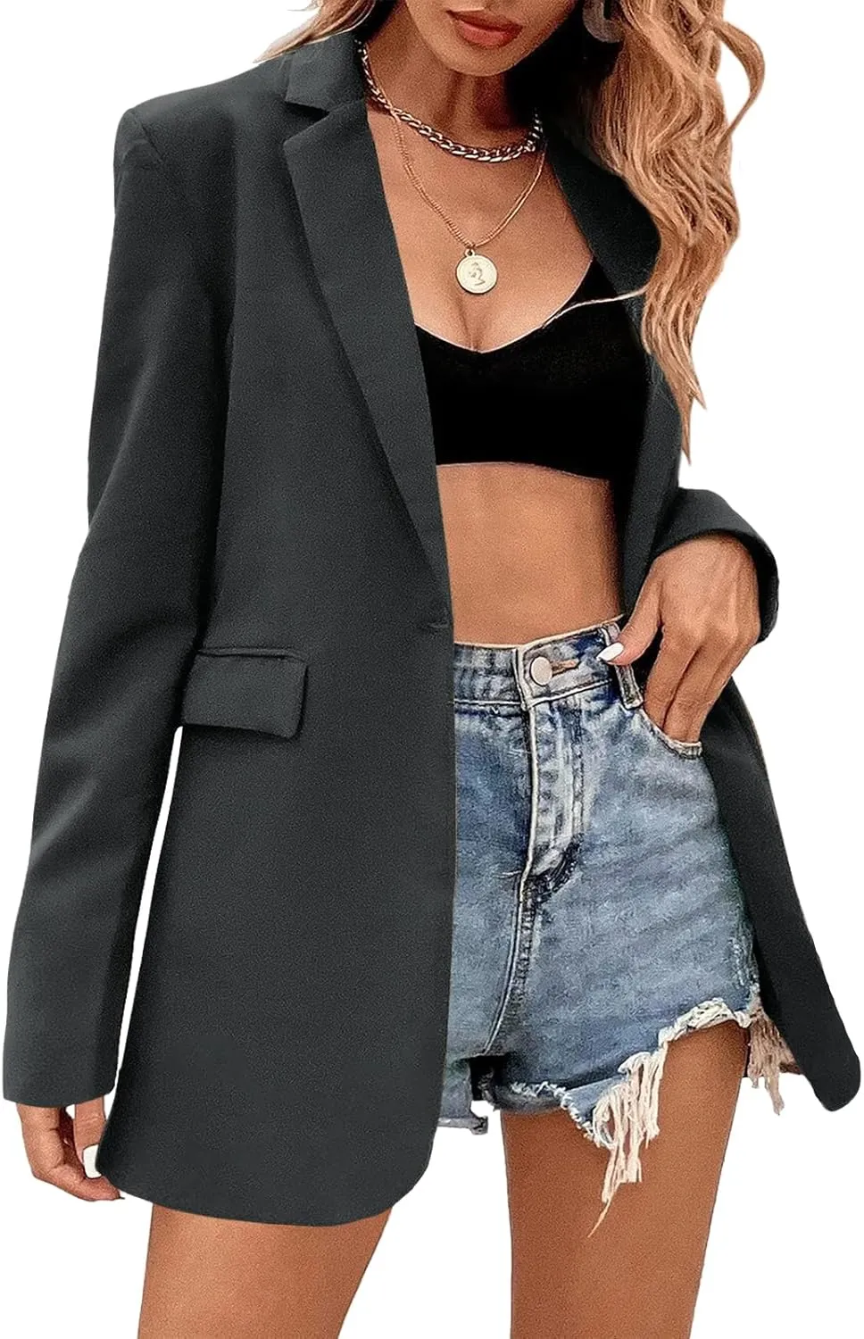 Febriajuce Women's Casual Long Sleeve Lapel Oversized Button Work Office Blazer Suit Jacket