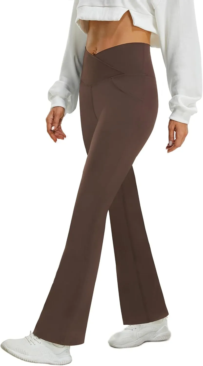 FireSwan Womens Crossover Flare Leggings with Pockets Bootcut High Waisted Yoga Pants Tummy Control Gym Workout Work Pants