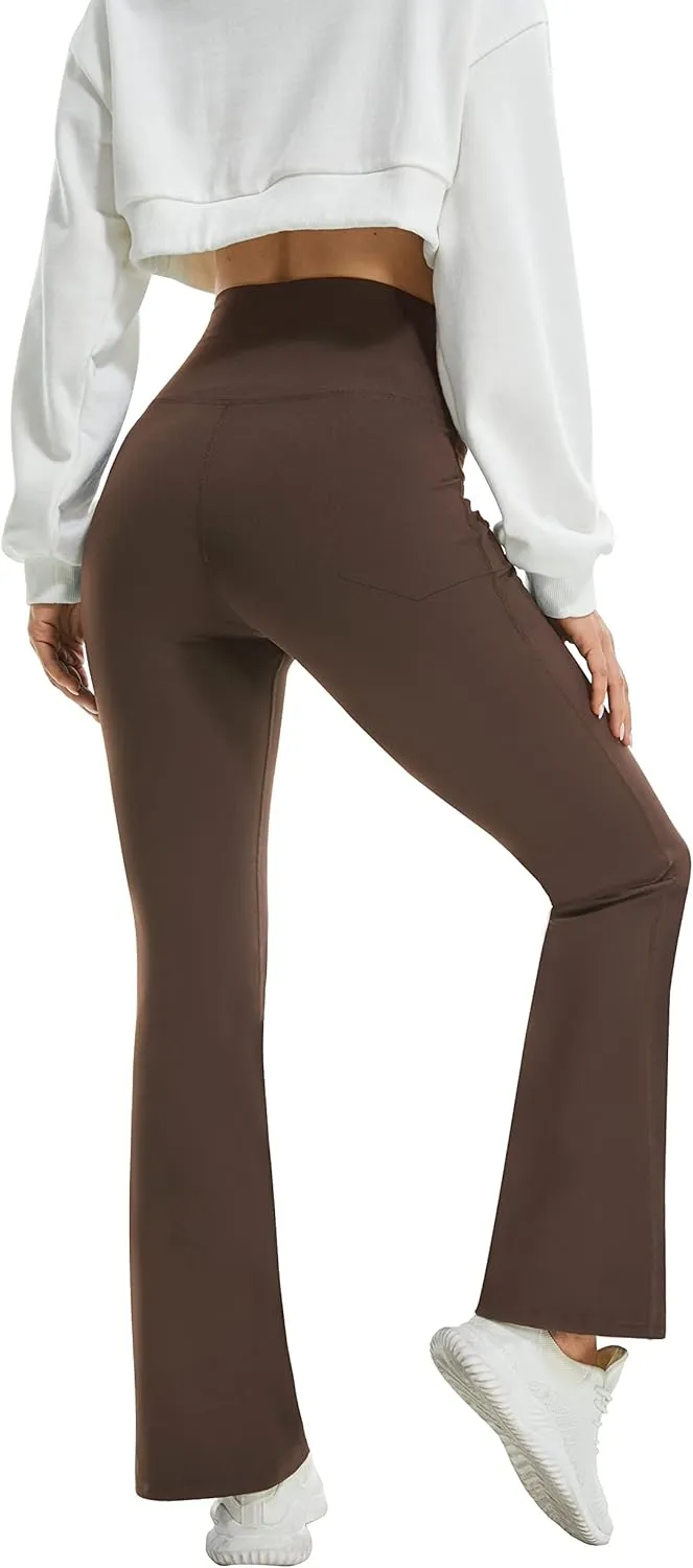 FireSwan Womens Crossover Flare Leggings with Pockets Bootcut High Waisted Yoga Pants Tummy Control Gym Workout Work Pants