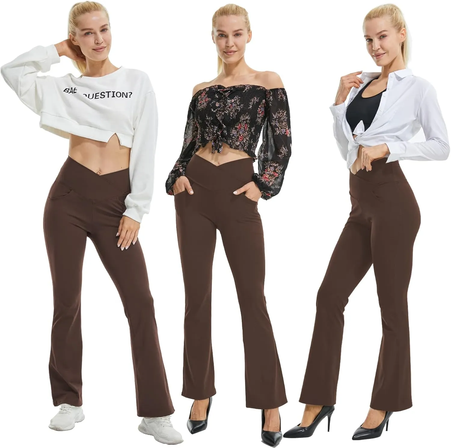 FireSwan Womens Crossover Flare Leggings with Pockets Bootcut High Waisted Yoga Pants Tummy Control Gym Workout Work Pants