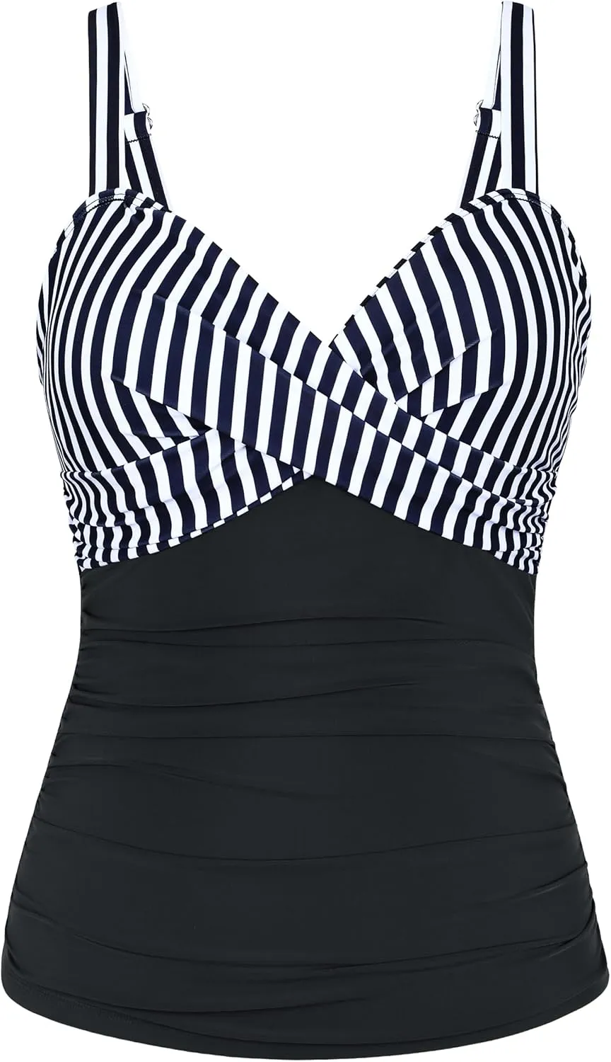 Firpearl Womens Underwire Tankini Top Only Twist V Neck Swimsuits for Big Busted Ruched Tummy Control Bathing Suit Tops