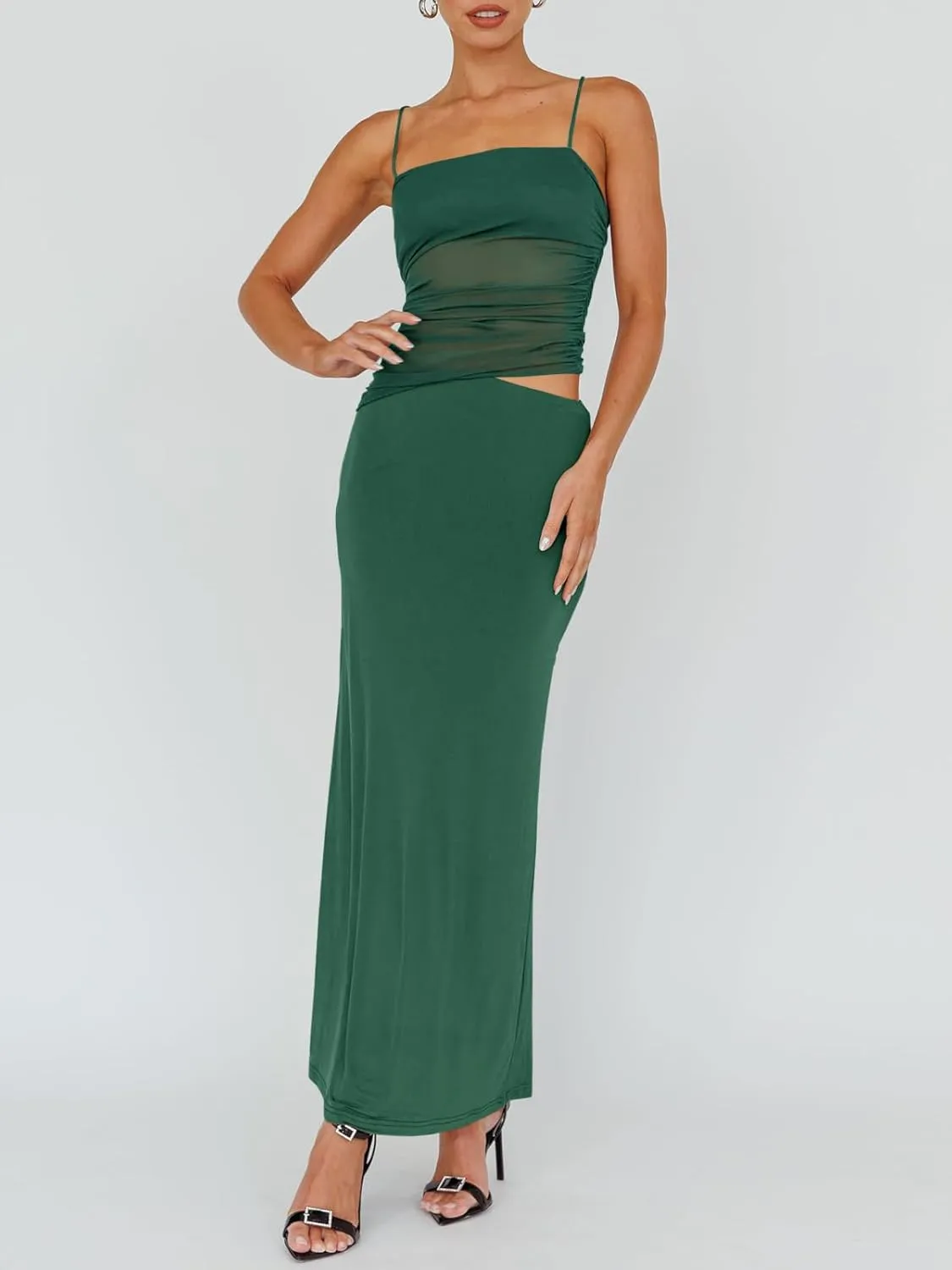 Fisoew Womens 2 Piece Skirt Dress Set Summer Sheer Mesh Ruched Camisole Tops Maxi Skirts Sexy Bodycon Sets