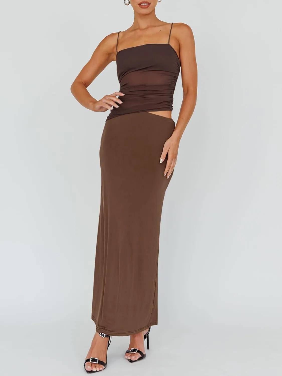 Fisoew Womens 2 Piece Skirt Dress Set Summer Sheer Mesh Ruched Camisole Tops Maxi Skirts Sexy Bodycon Sets