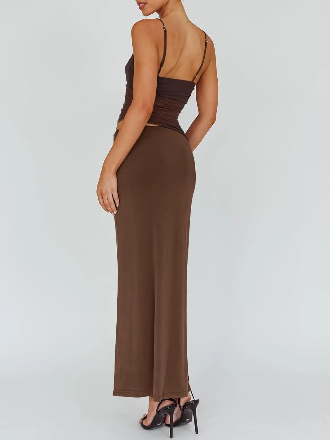 Fisoew Womens 2 Piece Skirt Dress Set Summer Sheer Mesh Ruched Camisole Tops Maxi Skirts Sexy Bodycon Sets