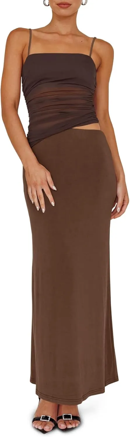 Fisoew Womens 2 Piece Skirt Dress Set Summer Sheer Mesh Ruched Camisole Tops Maxi Skirts Sexy Bodycon Sets