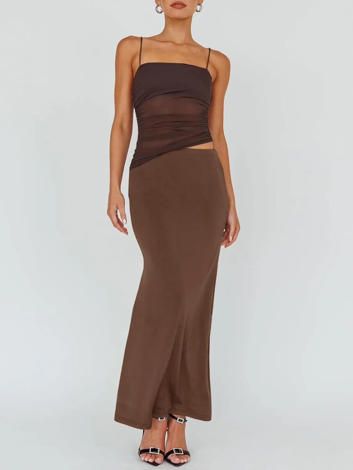 Fisoew Womens 2 Piece Skirt Dress Set Summer Sheer Mesh Ruched Camisole Tops Maxi Skirts Sexy Bodycon Sets